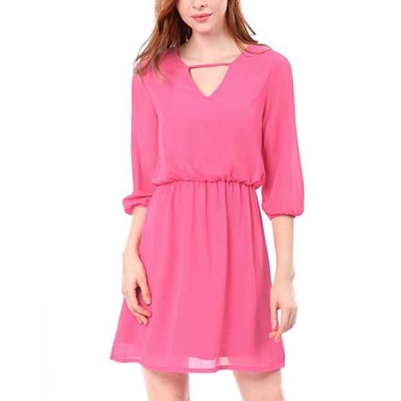 Boutique Dresses & Skirts - Hot Pink V Neck 3/4 Sleeve Knee High Chiffon Dress
